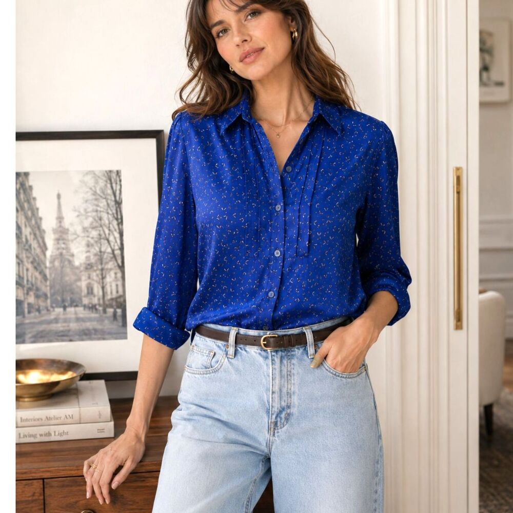 Vintage 80s Royal Blue Micro Print Button Up Blouse Retro Preppy